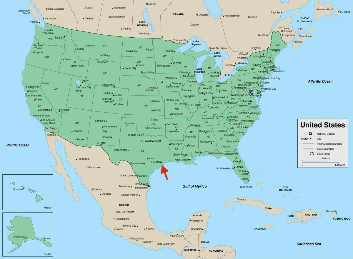 休斯顿在德克萨斯州 - 美国地图